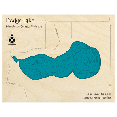 Bathymetric topo map of Dodge Lake, MI with roads, towns and depths noted in blue water.