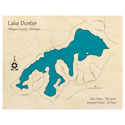 Bathymetric topo map of Lake Doster, MI with roads, towns and depths noted in blue water.