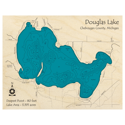 Bathymetric topo map of Douglas Lake, MI with roads, towns and depths noted in blue water.