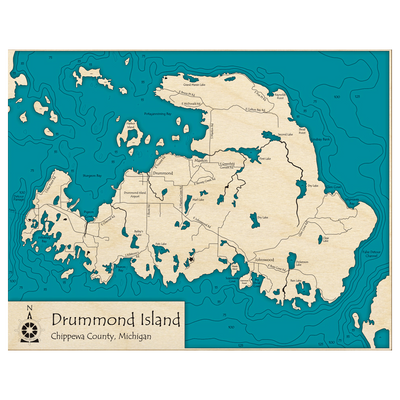 Bathymetric topo map of Drummond Island, MI with roads, towns and depths noted in blue water.