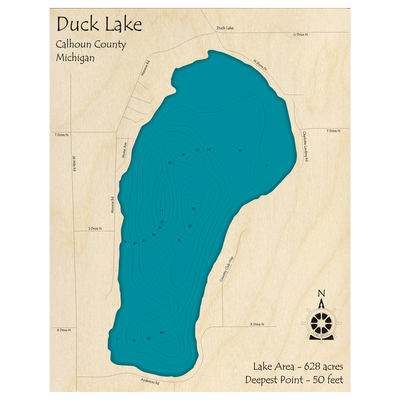 Bathymetric topo map of Duck Lake, MI with roads, towns and depths noted in blue water.