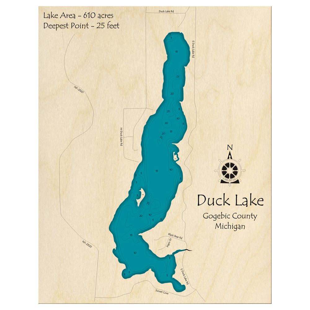Bathymetric topo map of Duck Lake, MI with roads, towns and depths noted in blue water.
