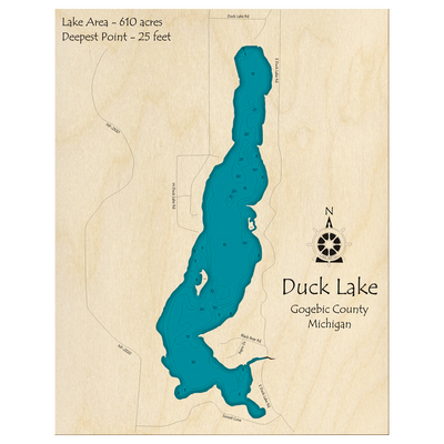 Bathymetric topo map of Duck Lake, MI with roads, towns and depths noted in blue water.