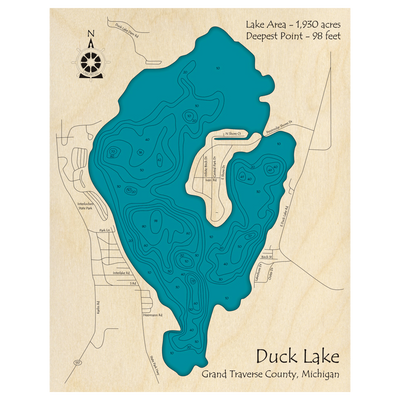 Bathymetric topo map of Duck Lake, MI with roads, towns and depths noted in blue water.