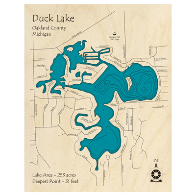 Bathymetric topo map of Duck Lake, MI with roads, towns and depths noted in blue water.