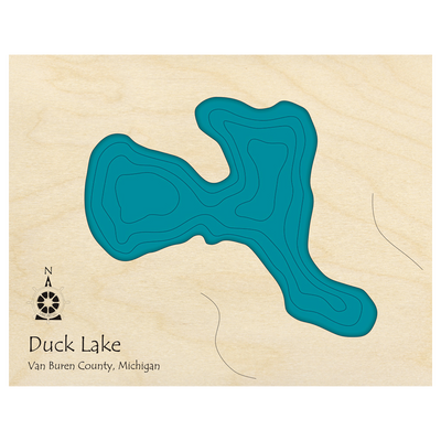 Bathymetric topo map of Duck Lake, MI with roads, towns and depths noted in blue water.
