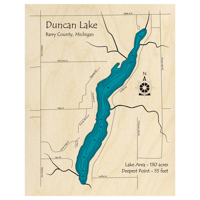 Bathymetric topo map of Duncan Lake, MI with roads, towns and depths noted in blue water.