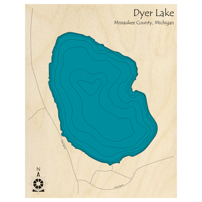 Bathymetric topo map of Dyer Lake, MI with roads, towns and depths noted in blue water.