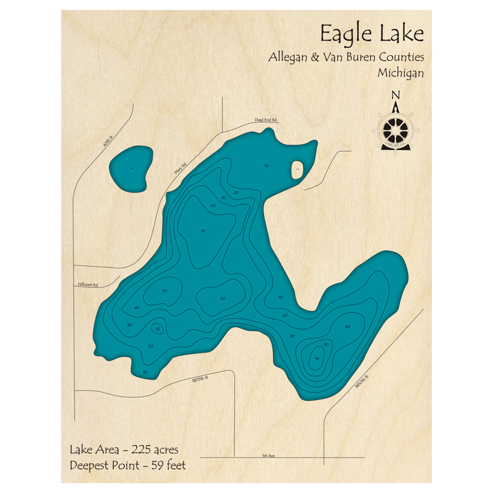 Bathymetric topo map of Eagle Lake, MI with roads, towns and depths noted in blue water.