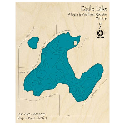 Bathymetric topo map of Eagle Lake, MI with roads, towns and depths noted in blue water.