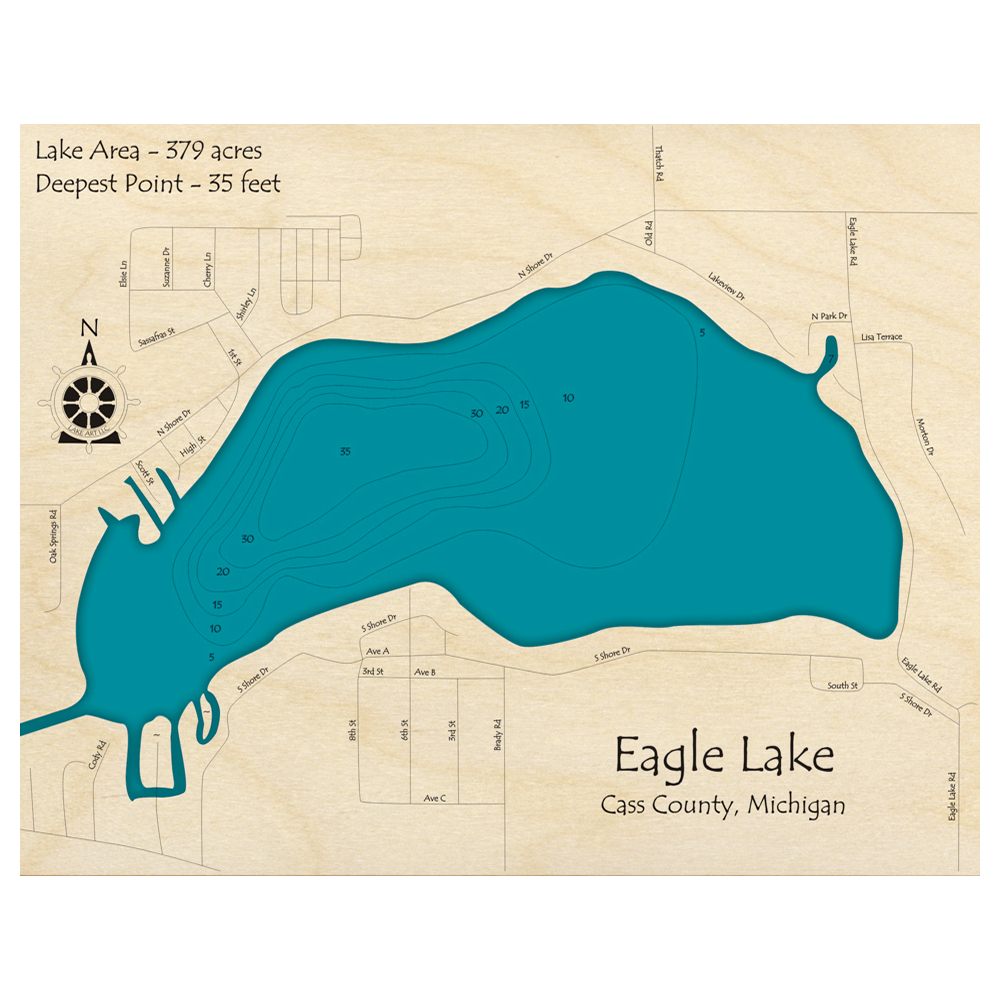 Bathymetric topo map of Eagle Lake, MI with roads, towns and depths noted in blue water.