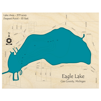 Bathymetric topo map of Eagle Lake, MI with roads, towns and depths noted in blue water.
