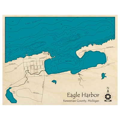 Bathymetric topo map of Eagle Harbor, MI with roads, towns and depths noted in blue water.