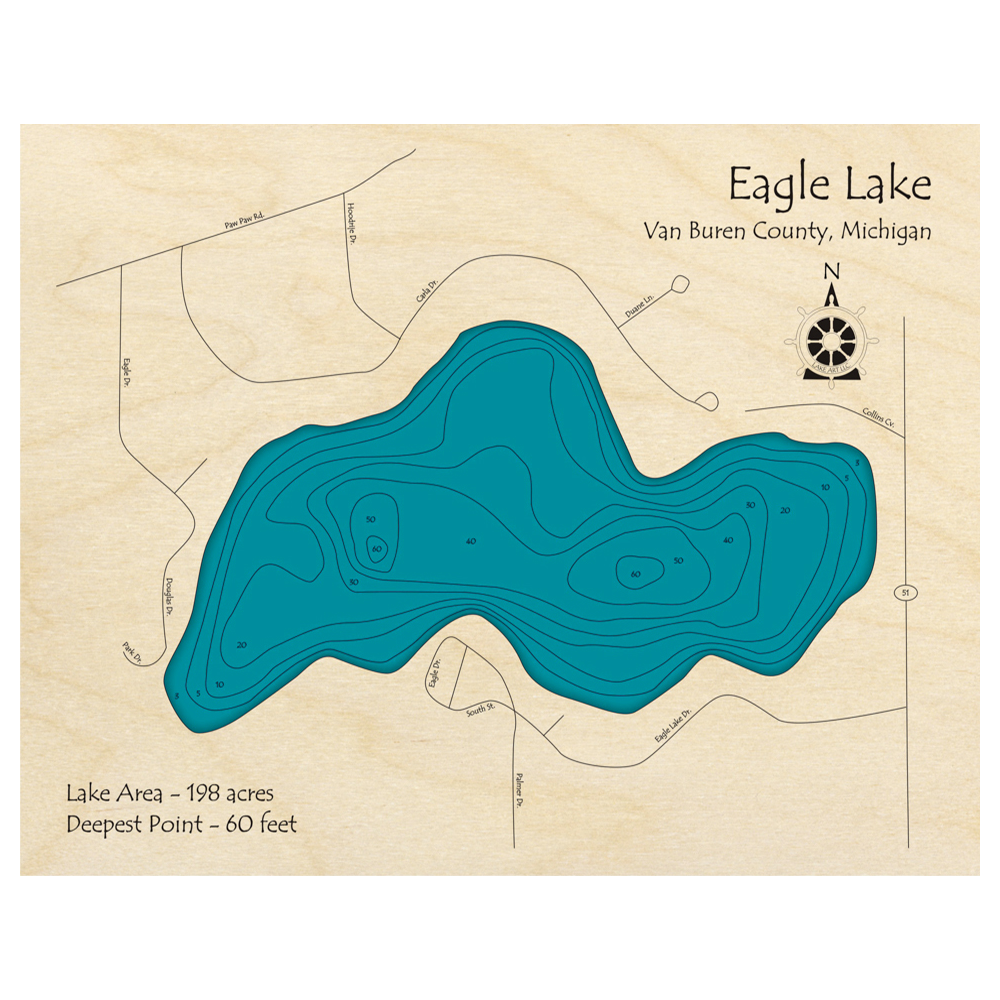 Bathymetric topo map of Eagle Lake, MI with roads, towns and depths noted in blue water.