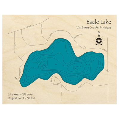 Bathymetric topo map of Eagle Lake, MI with roads, towns and depths noted in blue water.
