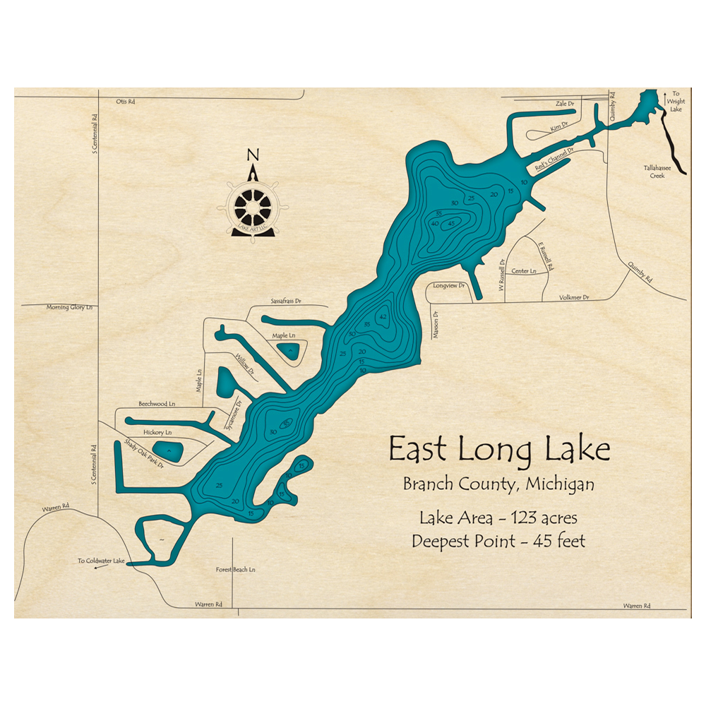 Bathymetric topo map of East Long Lake, MI with roads, towns and depths noted in blue water.