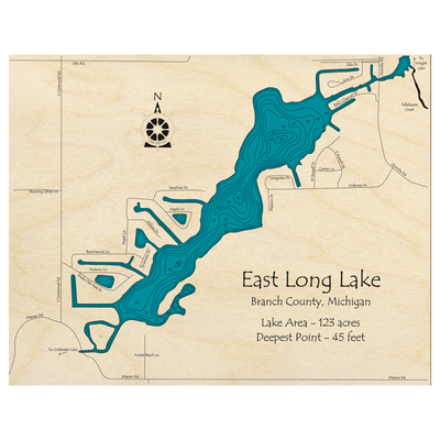 Bathymetric topo map of East Long Lake, MI with roads, towns and depths noted in blue water.