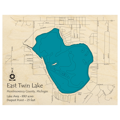 Bathymetric topo map of East Twin Lake, MI with roads, towns and depths noted in blue water.