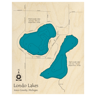 Bathymetric topo map of Londo Lake, MI with roads, towns and depths noted in blue water.