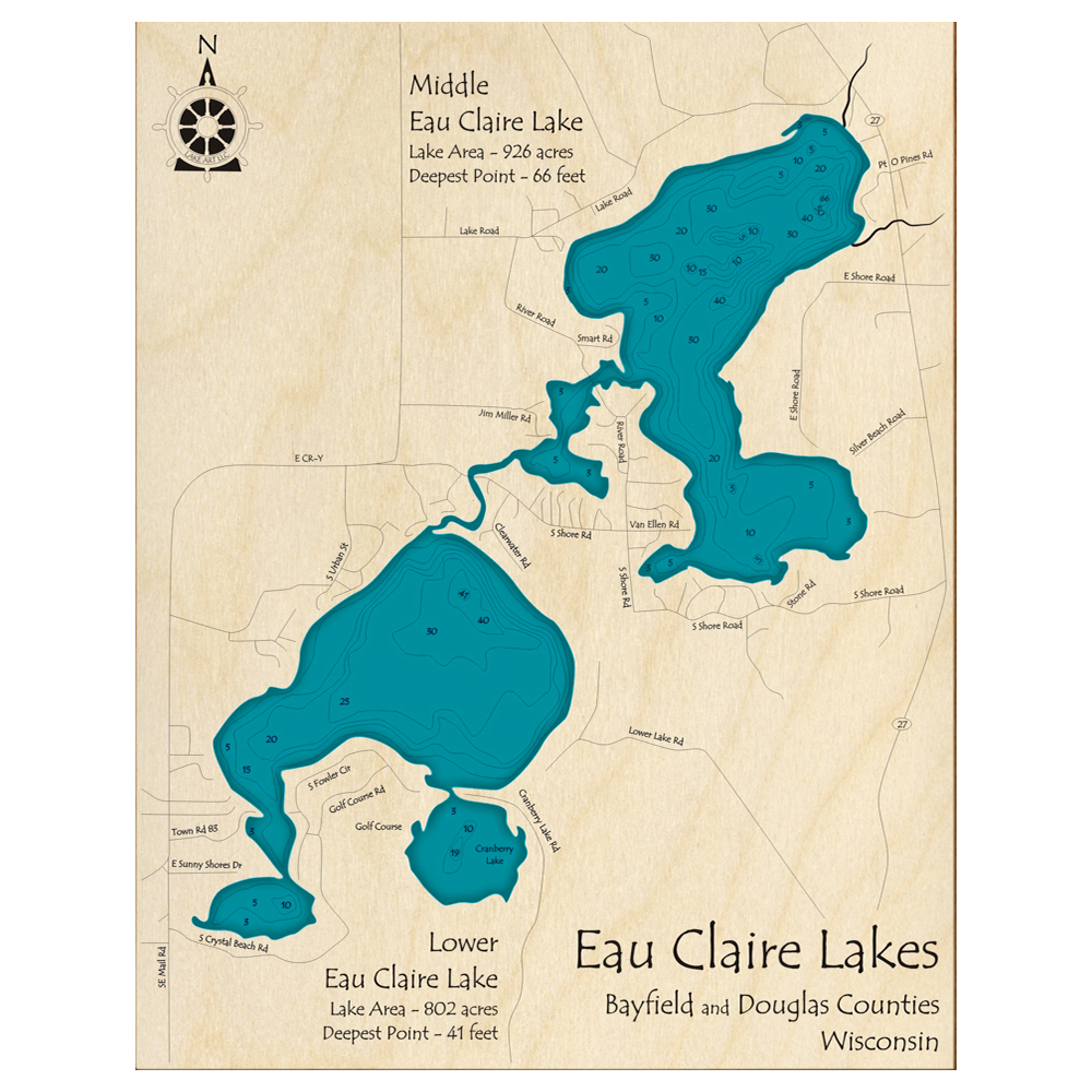 Bathymetric topo map of Middle and Lower Eau Claire Lakes, WI with roads, towns and depths noted in blue water.