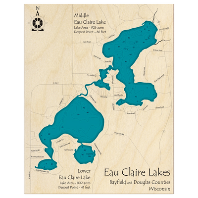 Bathymetric topo map of Middle and Lower Eau Claire Lakes, WI with roads, towns and depths noted in blue water.