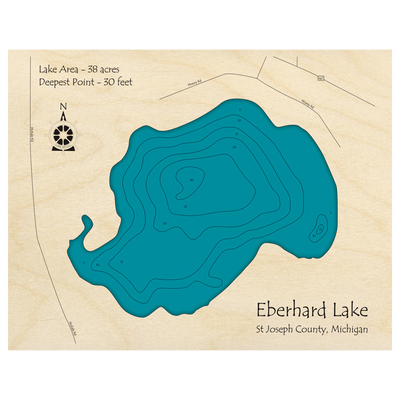 Bathymetric topo map of Eberhard Lake, MI with roads, towns and depths noted in blue water.