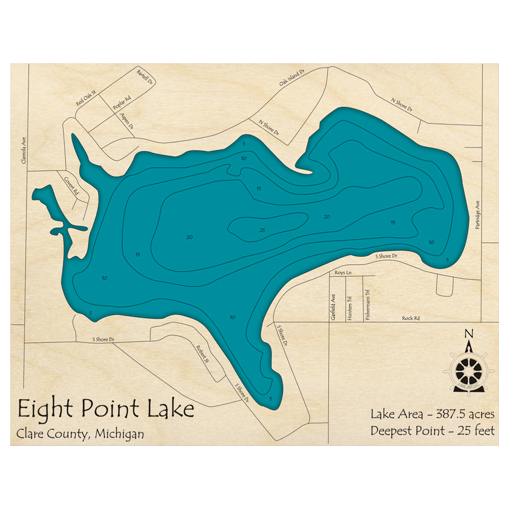 Bathymetric topo map of Eight Point Lake, MI with roads, towns and depths noted in blue water.
