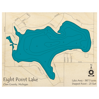 Bathymetric topo map of Eight Point Lake, MI with roads, towns and depths noted in blue water.