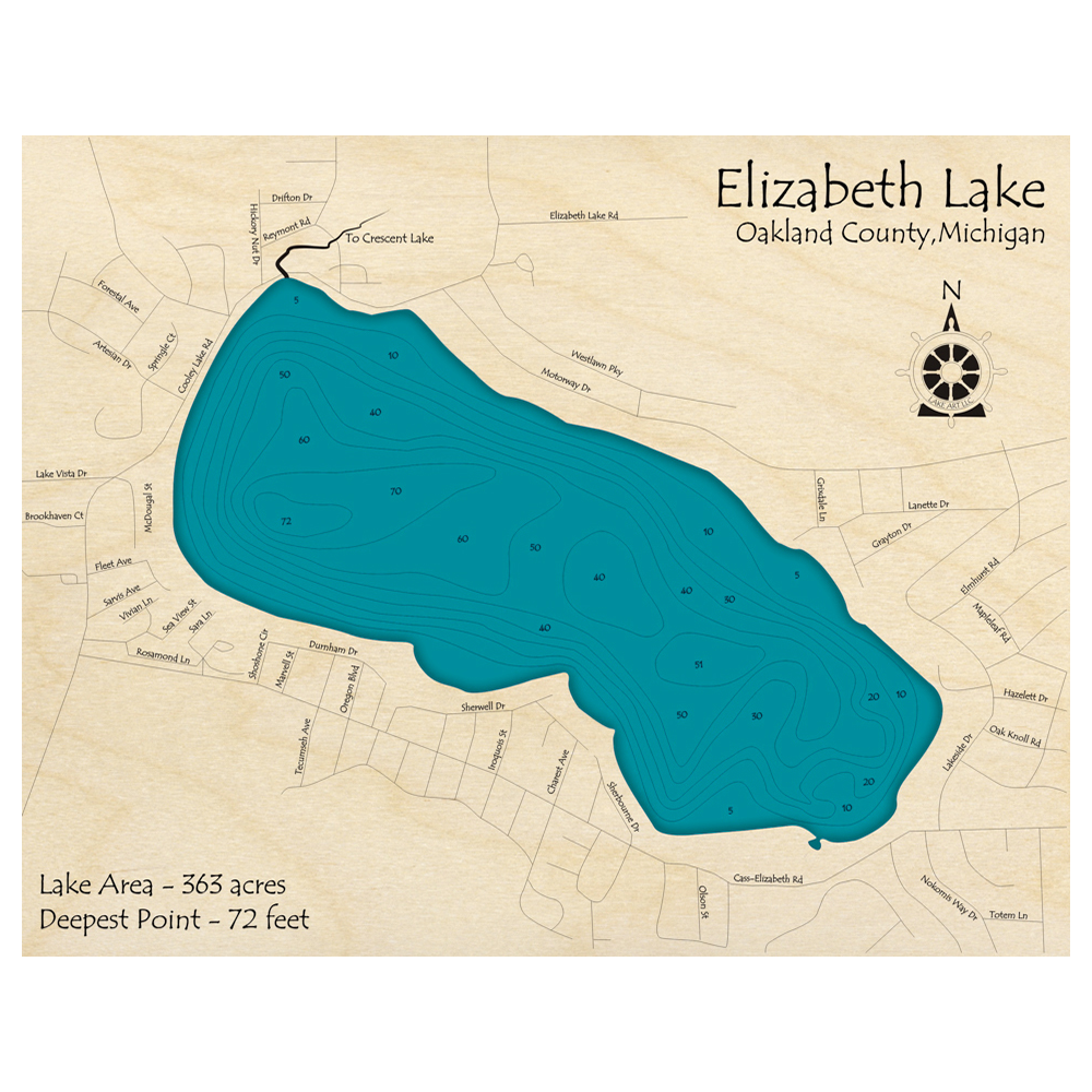 Bathymetric topo map of Elizabeth Lake, MI with roads, towns and depths noted in blue water.