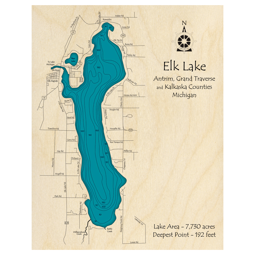 Bathymetric topo map of Elk Lake, MI with roads, towns and depths noted in blue water.