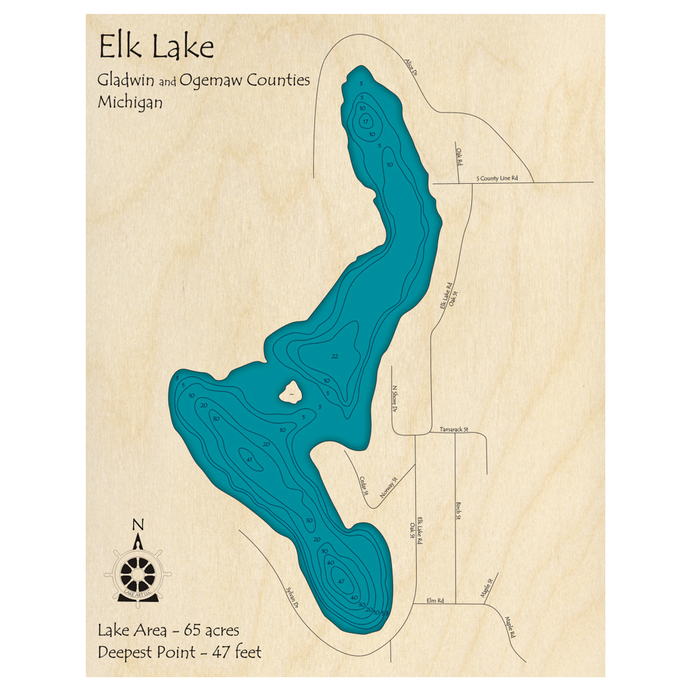 Bathymetric topo map of Elk Lake, MI with roads, towns and depths noted in blue water.