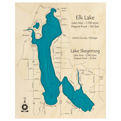 Bathymetric topo map of Elk Lake, MI with roads, towns and depths noted in blue water.