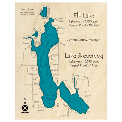 Bathymetric topo map of Elk Lake, MI with roads, towns and depths noted in blue water.