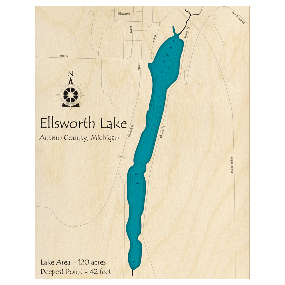 Bathymetric topo map of Ellsworth Lake, MI with roads, towns and depths noted in blue water.