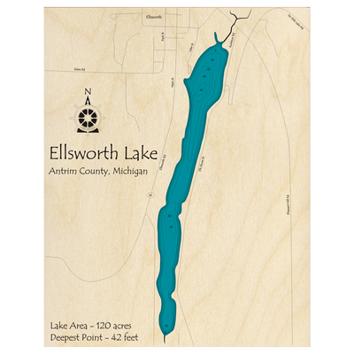 Bathymetric topo map of Ellsworth Lake, MI with roads, towns and depths noted in blue water.