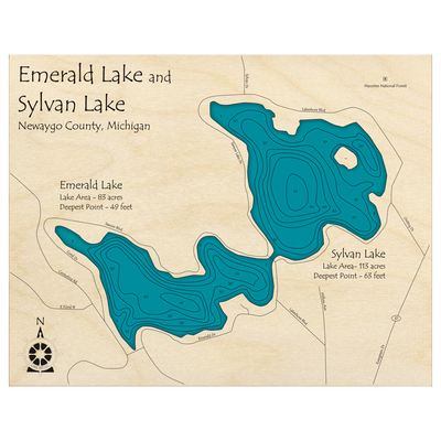 Bathymetric topo map of Emerald Lake, MI with roads, towns and depths noted in blue water.