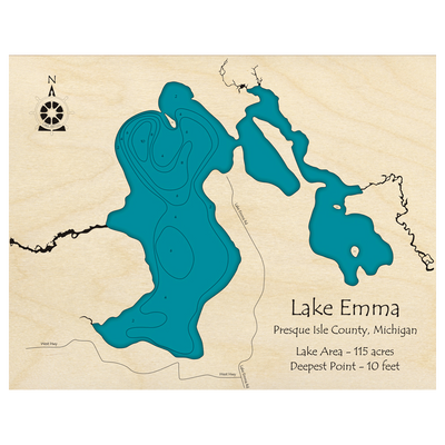 Bathymetric topo map of Lake Emma, MI with roads, towns and depths noted in blue water.