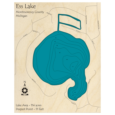 Bathymetric topo map of Ess Lake, MI with roads, towns and depths noted in blue water.