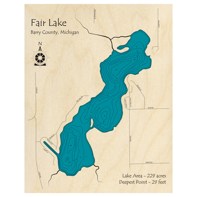 Bathymetric topo map of Fair Lake, MI with roads, towns and depths noted in blue water.