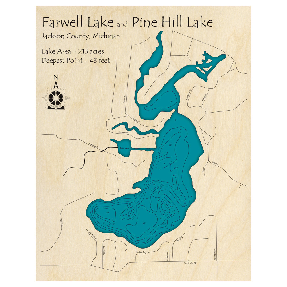 Bathymetric topo map of Farwell Lake with Pine Hill Lake, MI with roads, towns and depths noted in blue water.