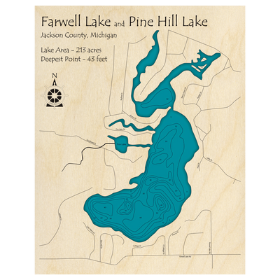 Bathymetric topo map of Farwell Lake with Pine Hill Lake, MI with roads, towns and depths noted in blue water.
