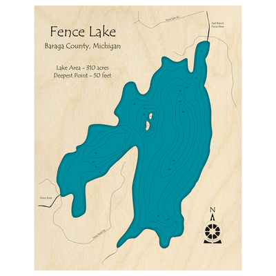 Bathymetric topo map of Fence Lake, MI with roads, towns and depths noted in blue water.