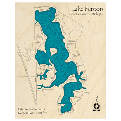 Bathymetric topo map of Lake Fenton, MI with roads, towns and depths noted in blue water.