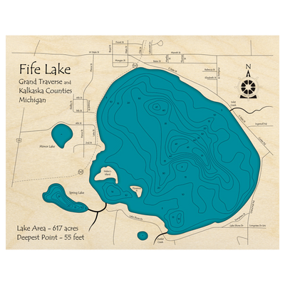 Bathymetric topo map of Fife Lake, MI with roads, towns and depths noted in blue water.
