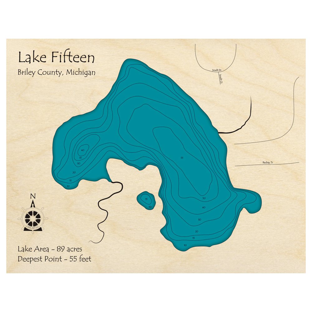Bathymetric topo map of Lake Fifteen, MI with roads, towns and depths noted in blue water.