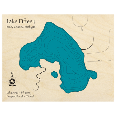 Bathymetric topo map of Lake Fifteen, MI with roads, towns and depths noted in blue water.