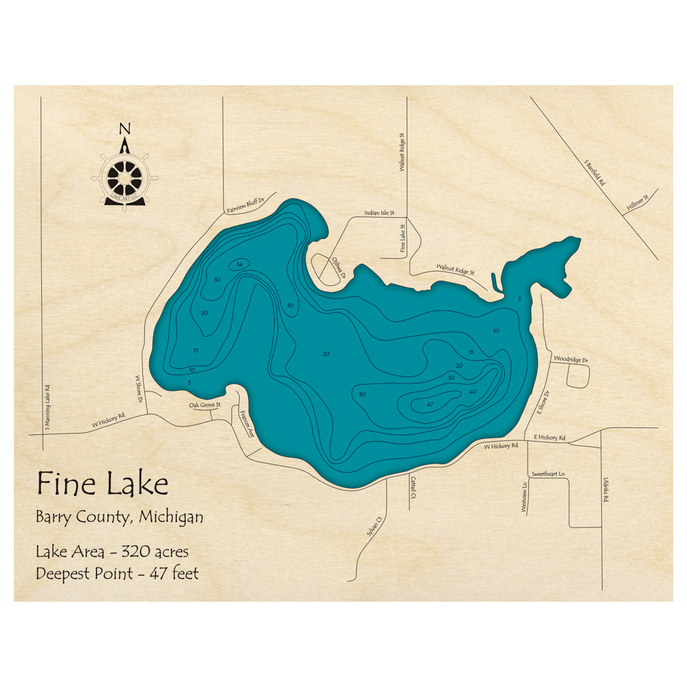 Bathymetric topo map of Fine Lake, MI with roads, towns and depths noted in blue water.
