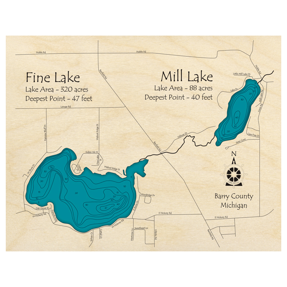 Bathymetric topo map of Fine Lake and Mill Lake, MI with roads, towns and depths noted in blue water.