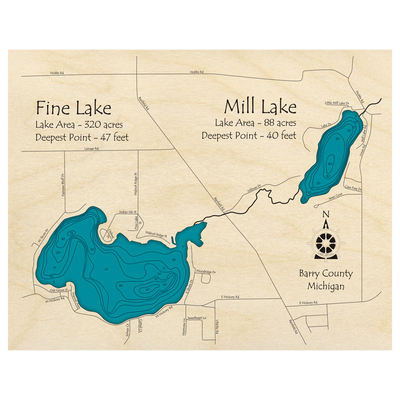 Bathymetric topo map of Fine Lake and Mill Lake, MI with roads, towns and depths noted in blue water.