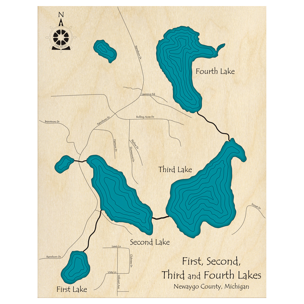 Bathymetric topo map of First Second Third and Fourth Lakes, MI with roads, towns and depths noted in blue water.